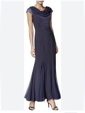 Alex Evenings Dark gray Maxi Gown with Beaded Cap Sleeves, size 8